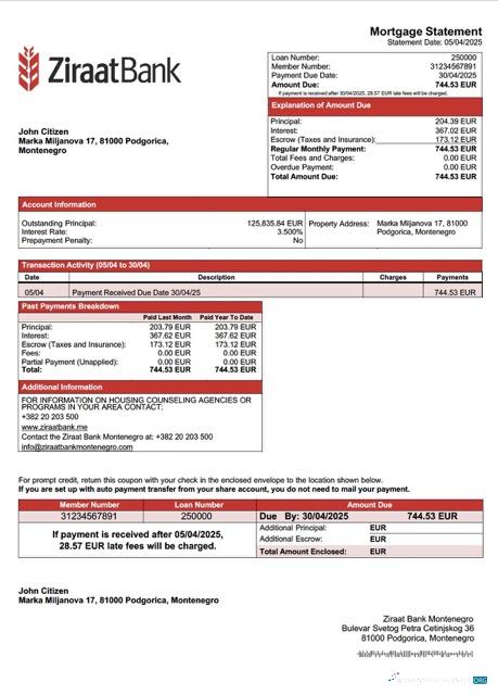 Download Montenegro Ziraat Bank Montenegro mortgage statement Word and PDF template Photoshop template